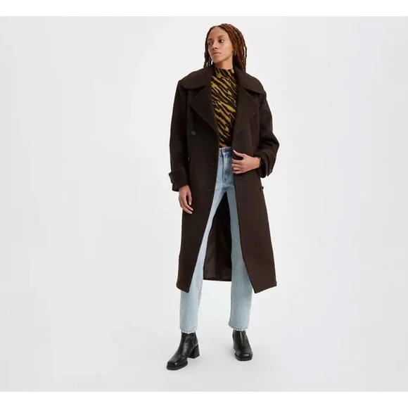 NWT Levi’s Brown Wool Blend Wooly Trench Belted Oversized Coat Peacoat XS​